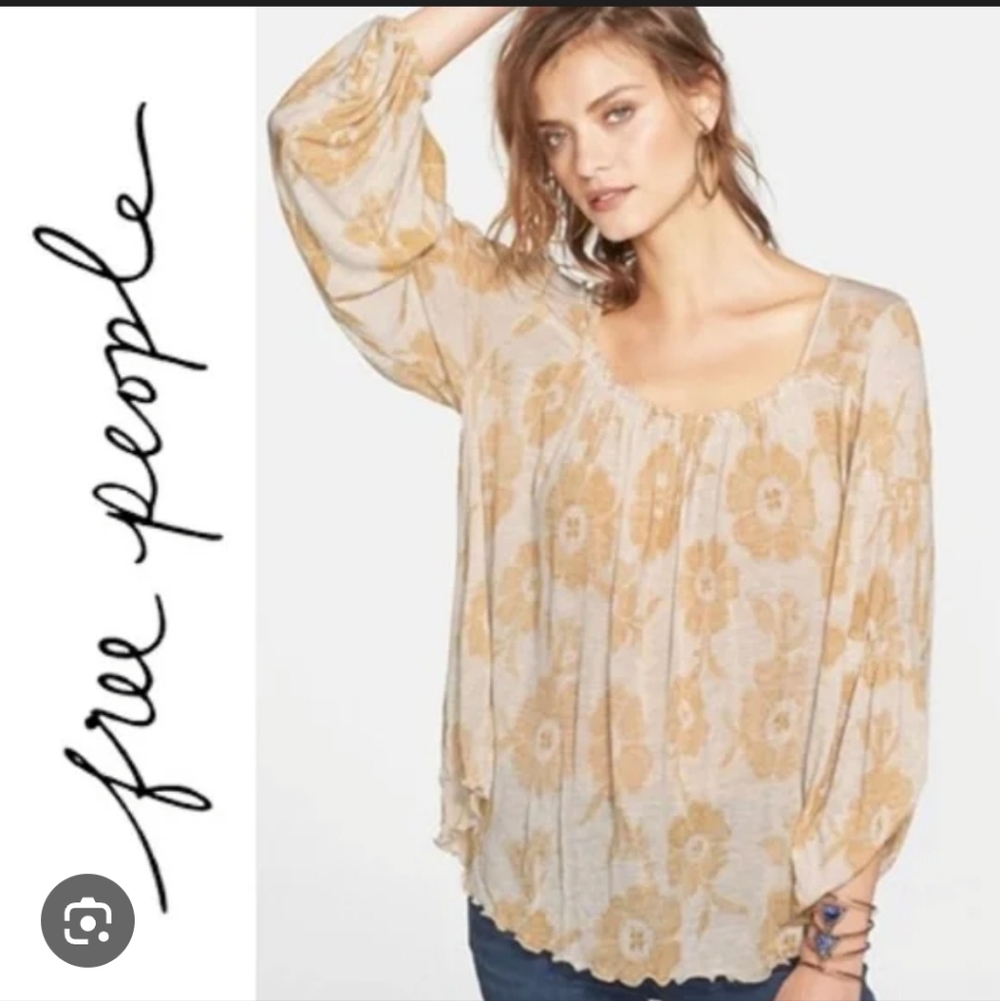 Free People Beige Floral Boho Scoop-Neck Tunic